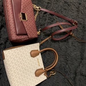 Burgundy Micheal Kors crossbody purse bundled w/tan and cream purse w/strap.